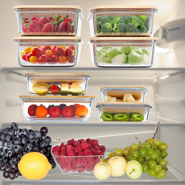 Recipiente de comida de vidrio ecológico con tapa de bambú 370 ml 640 ml 1040 ml 1520 ml Recipiente de comida térmico ecológico Fiambrera con anillo de silicona