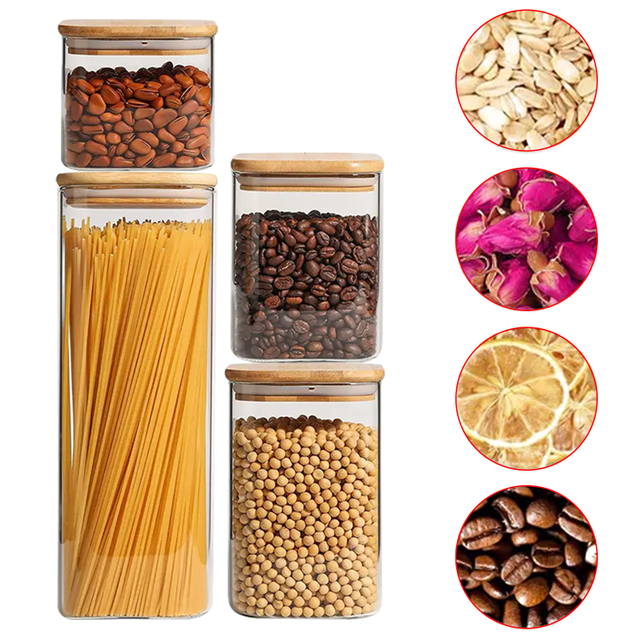 Tarro de almacenamiento sellado de vidrio transparente cuadrado, tapa de bambú, contenedor de almacenamiento de condimentos de cocina, leche en polvo, café, caramelo, tarro, decoración artística