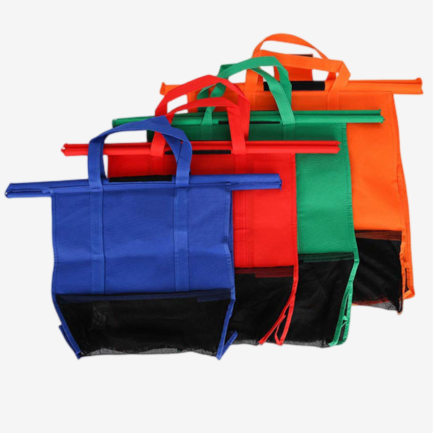 Paquete de 4 bolsas reutilizables para carrito de la compra con diferentes colores, fáciles de usar y resistentes. 