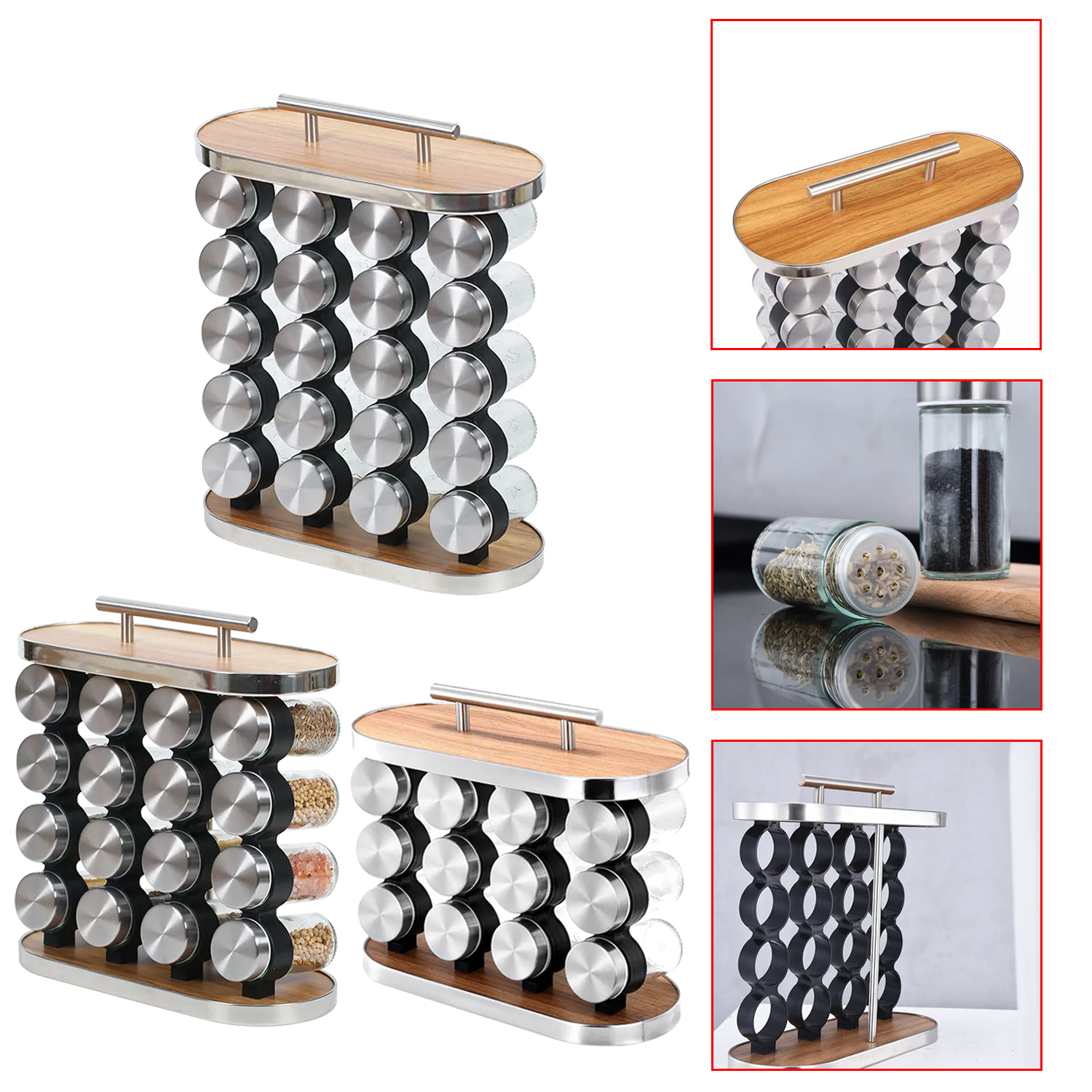 Estante de botella de especias de almacenamiento de cocina de madera de círculo largo estante de condimento de acero soporte de especias con mango de cocina estante de almacenamiento de botellas de condimento de múltiples capas