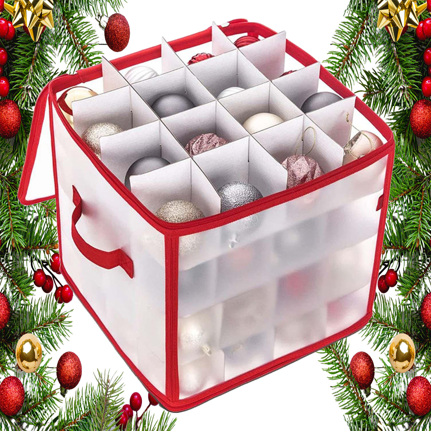 Caja de almacenamiento de bolas de Navidad Caja de almacenamiento de adornos navideños Celosías con asa Conserva para vacaciones Caja de almacenamiento plegable extra grande Caja de almacenamiento de bolas de Navidad de múltiples capas