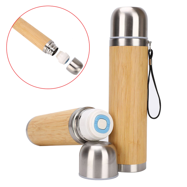 Botella de agua de concha de bambú de 450ml, termo de bambú aislado al vacío con forma de bala para viajes al aire libre 