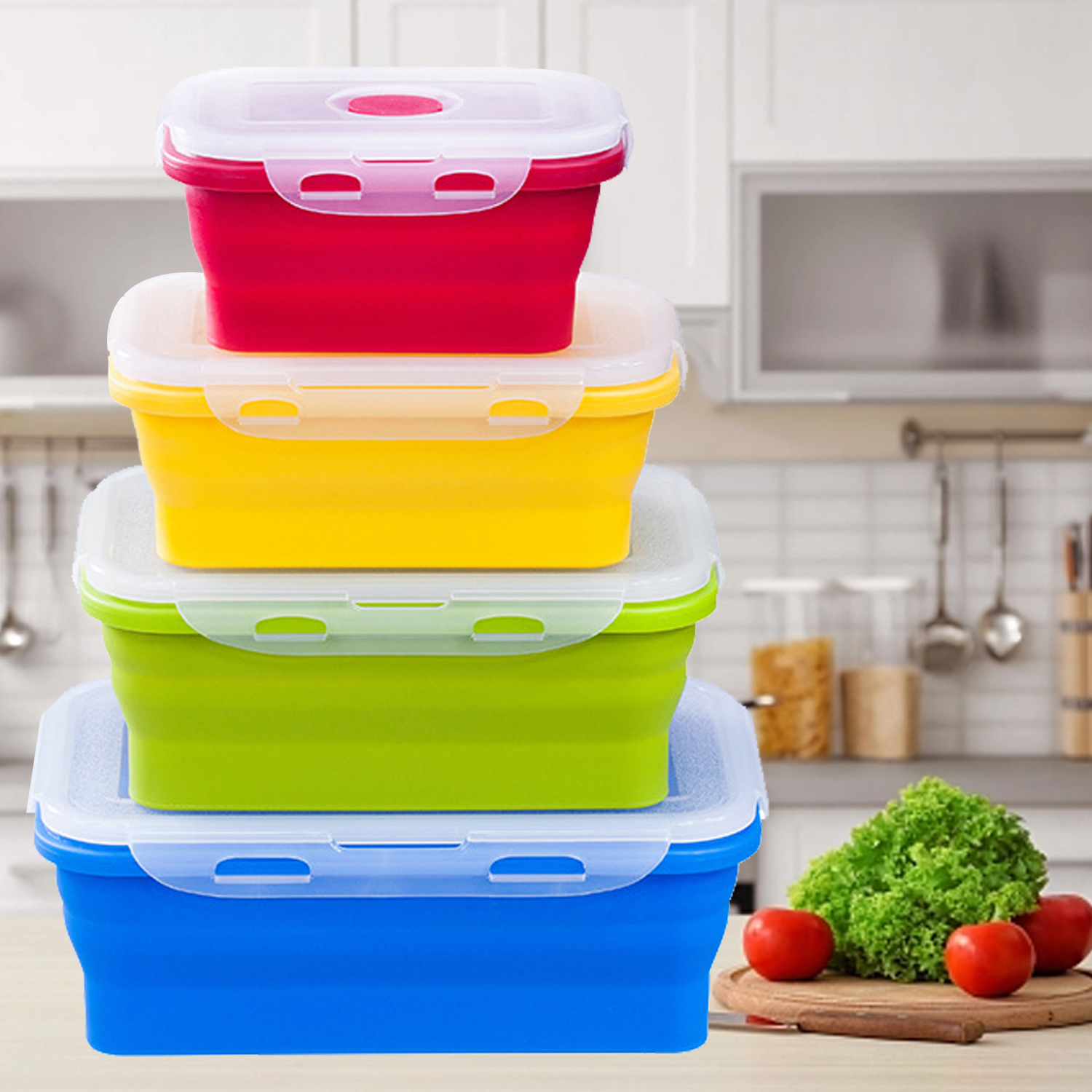 Fiambrera plegable de silicona con tapa 350ML/500ML/800ML/1200ML Juego de 4 piezas Fiambrera plegable portátil cuadrada de silicona