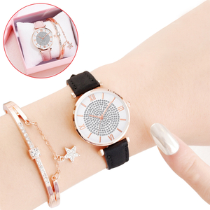 Reloj de pulsera para mujer con caja, correa de cuero, reloj de pulsera de cuarzo, relojes de diamantes