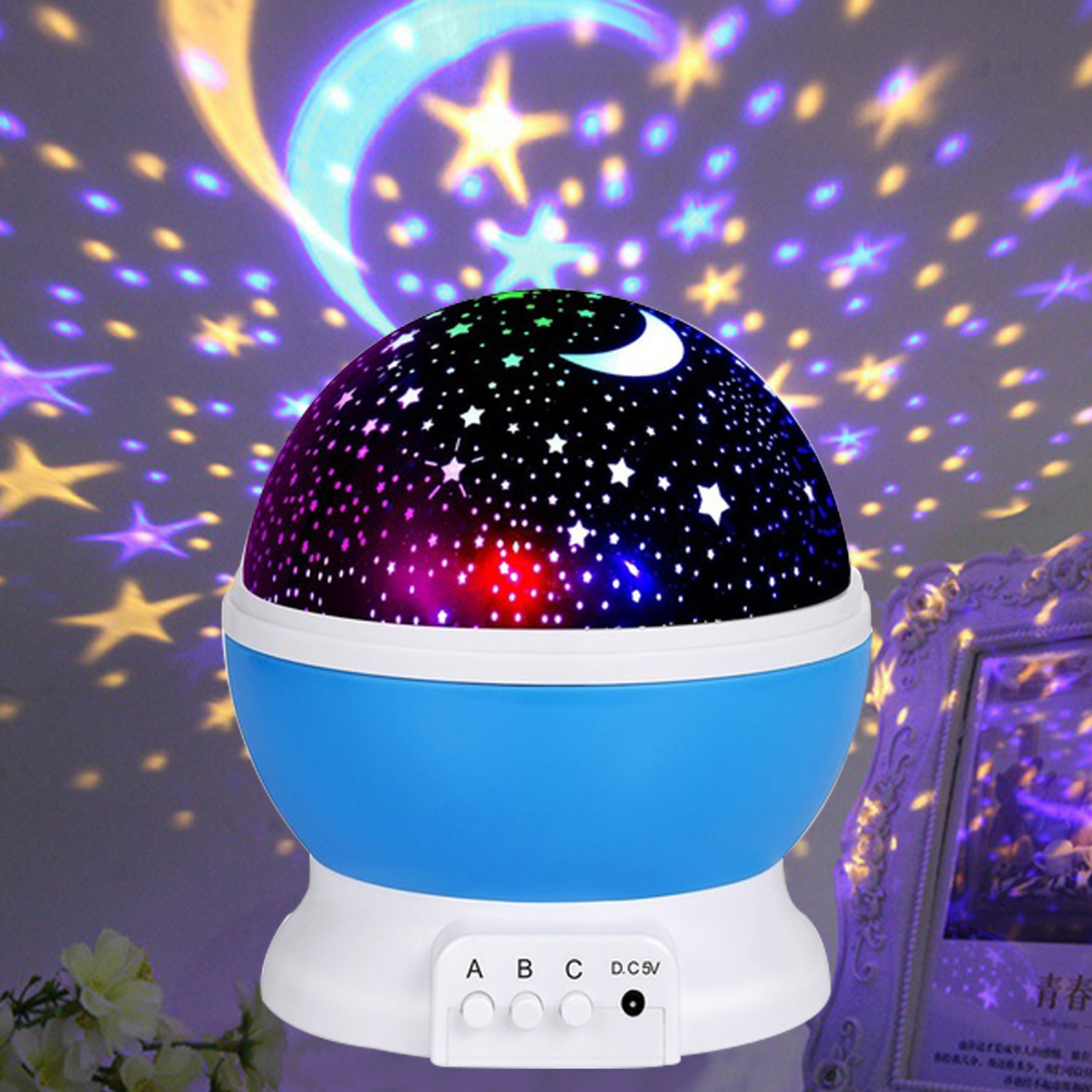 Proyector giratorio Led Luna cielo estrellado luz de noche lámpara de luz nocturna con pilas para niños habitación de bebé luces decoradas