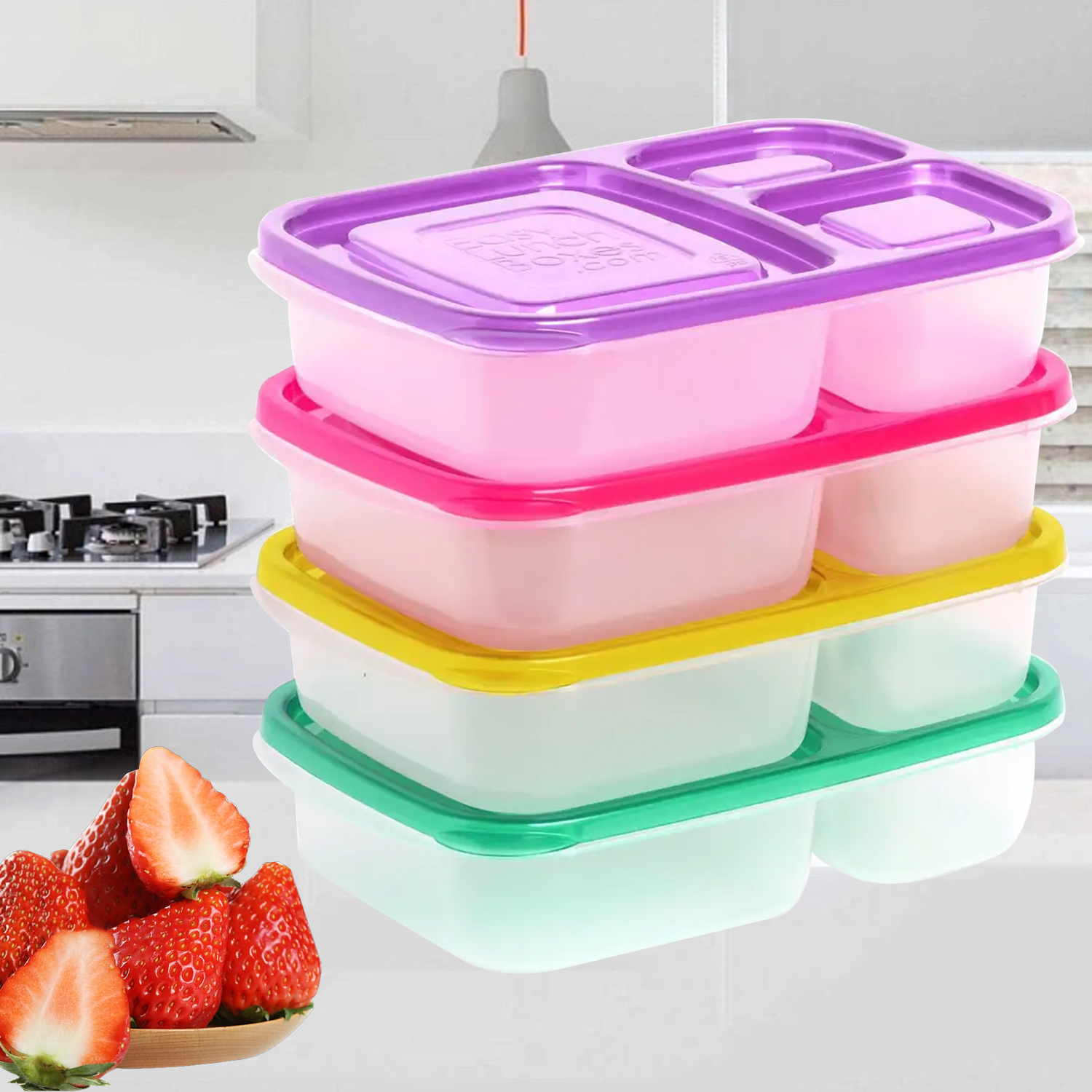 Fiambrera de plástico multicolor con tres compartimentos, fiambrera para alimentos, fiambrera para microondas, caja de almacenamiento para contenedores de alimentos