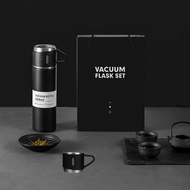 Juego de caja de regalo de 500 ml Frasco con 2 tazas Termo de vacío de acero inoxidable de doble capa Vaso de café Taza de viaje Té de agua Regalos de bienvenida, Regreso a la escuela, Regalos de boda
