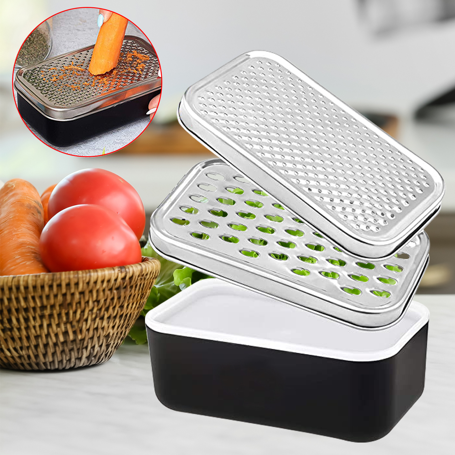 Rallador de queso de doble cara, trituradora de ajo y jengibre portátil con contenedor de ahorro de alimentos, caja rectangular y ralladores de acero inoxidable