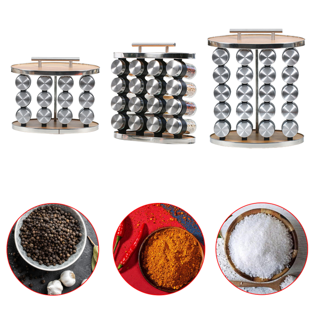 Elipse Almacenamiento de cocina de madera Estante de botella de especias Estante de condimento de acero Titular de especias con asa Cocina Estante de almacenamiento de botellas de condimento de múltiples capas