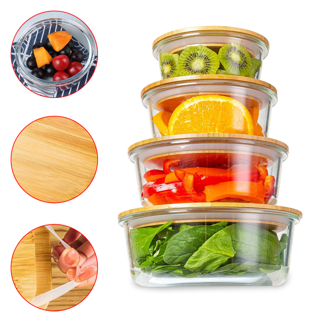 Recipiente de vidrio redondo para frutas y verduras Contenedor de alimentos de vidrio redondo Tapa de bambú 400ml 620ml 950ml 1300ml Contenedor de alimentos térmico ecológico Fiambrera con anillo de silicona