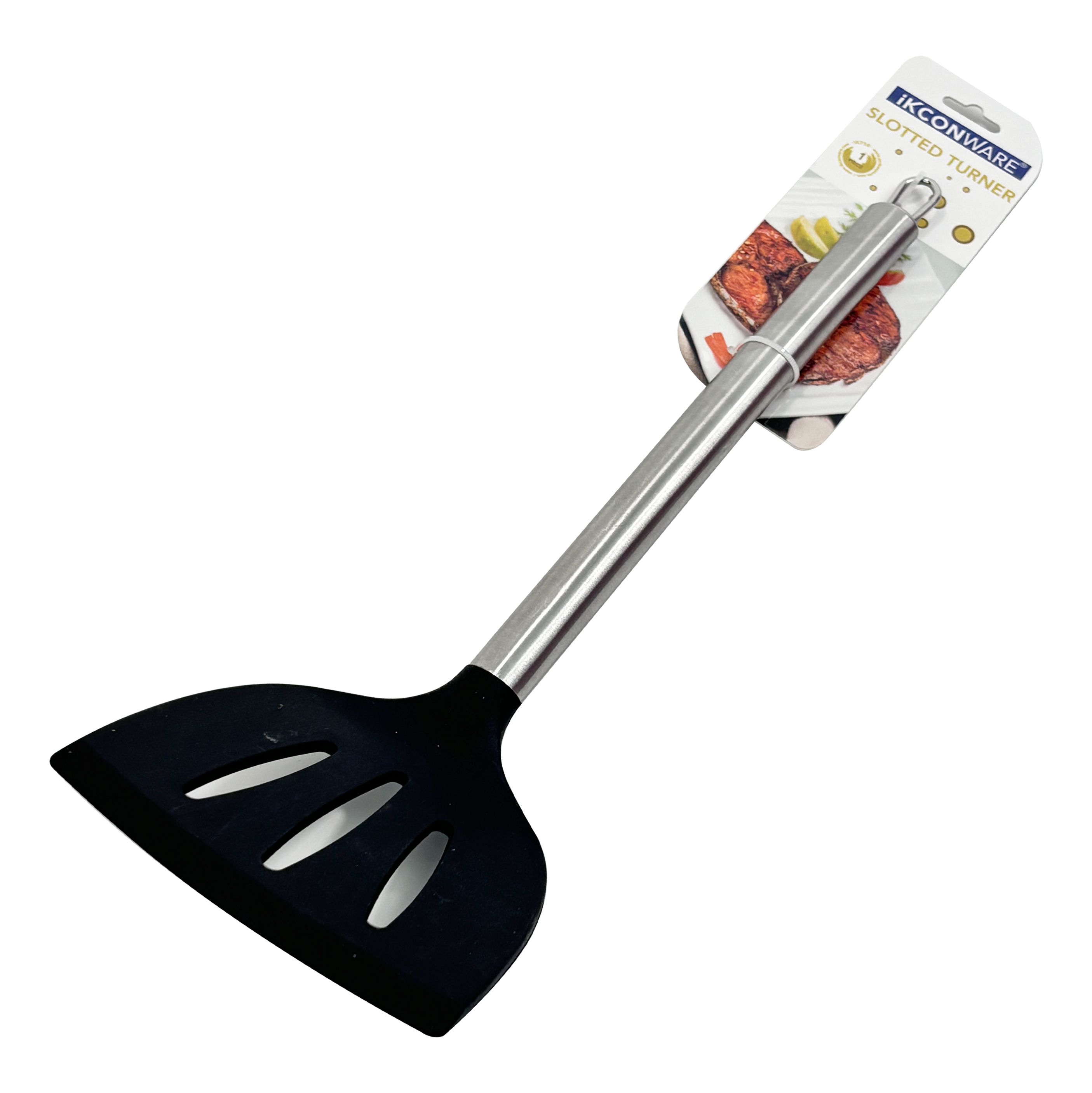 Turner ranurado de silicona negra versátil con mango de acero inoxidable